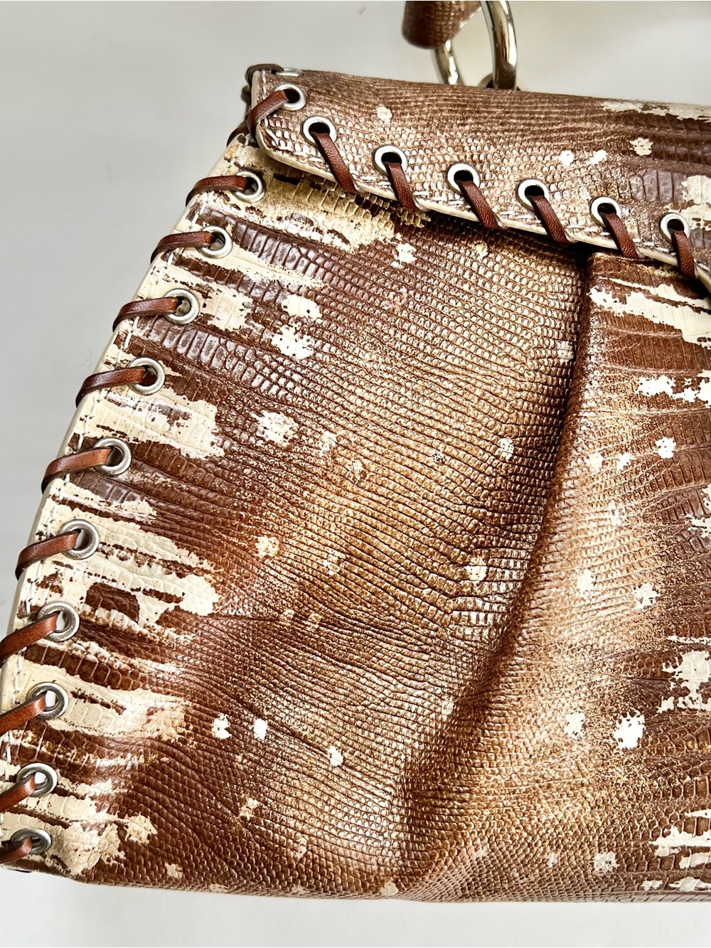 Sondra Robert’s Whipstitch Croc Embossed Two Tone Tan Satchel Hand Bag - Picture 3 of 11